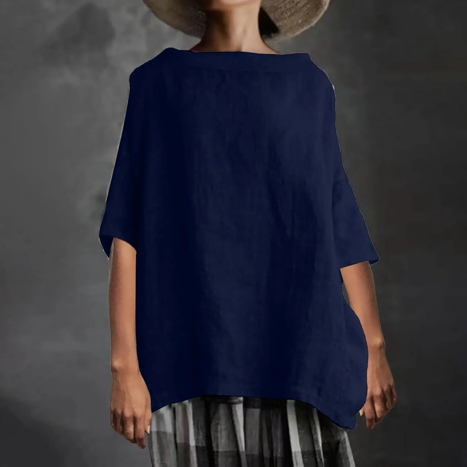 Women's Cotton and Linen Shirts Half Sleeve Cotton Blouses Casual Loose Round Collar Solid Boxy Tunics Top
