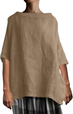 Women's Cotton and Linen Shirts Half Sleeve Cotton Blouses Casual Loose Round Collar Solid Boxy Tunics Top