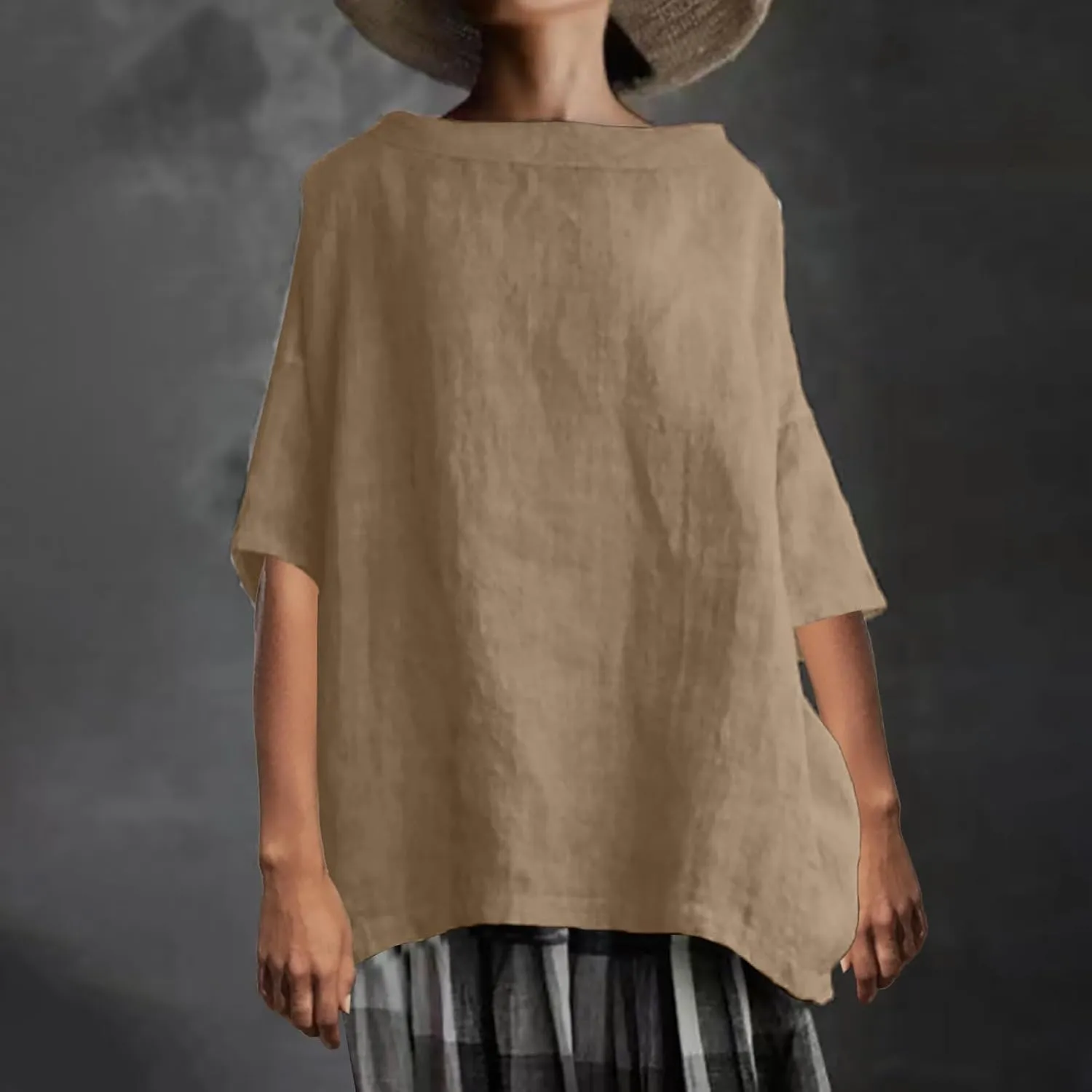 Women's Cotton and Linen Shirts Half Sleeve Cotton Blouses Casual Loose Round Collar Solid Boxy Tunics Top