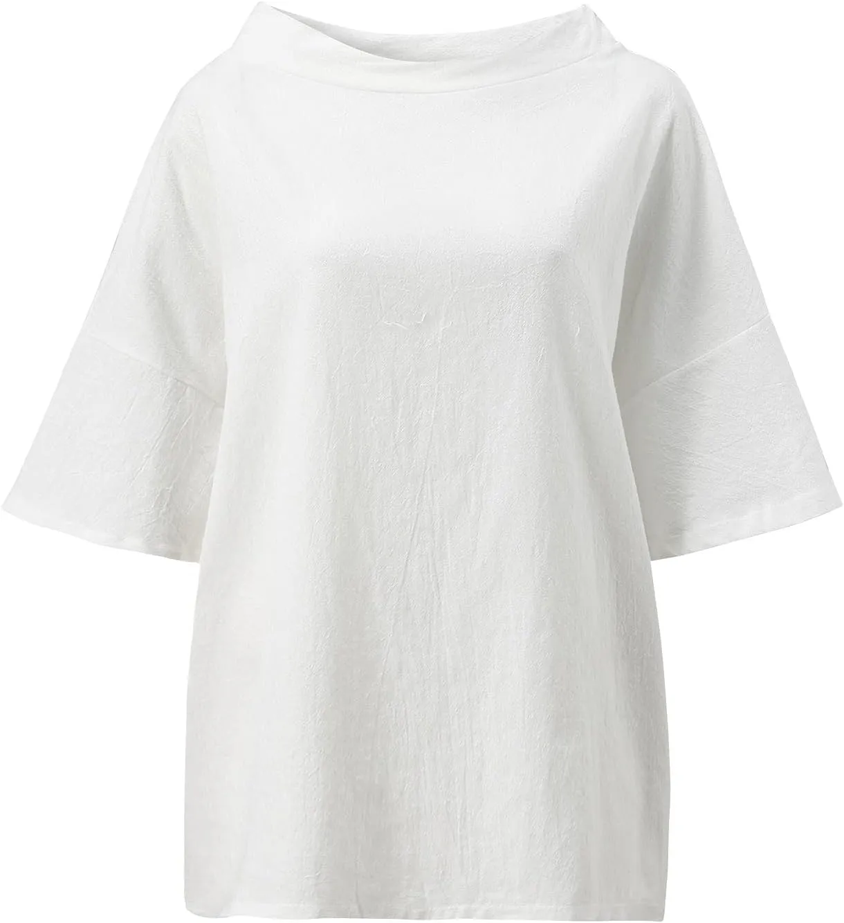 Women's Cotton and Linen Shirts Half Sleeve Cotton Blouses Casual Loose Round Collar Solid Boxy Tunics Top