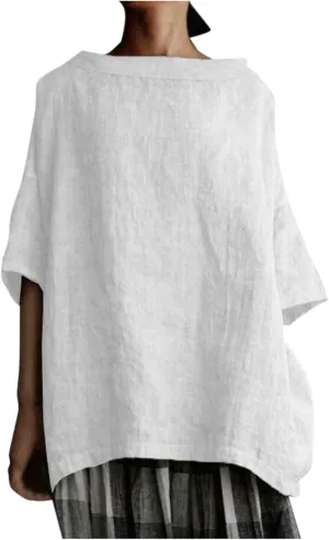 Women's Cotton and Linen Shirts Half Sleeve Cotton Blouses Casual Loose Round Collar Solid Boxy Tunics Top