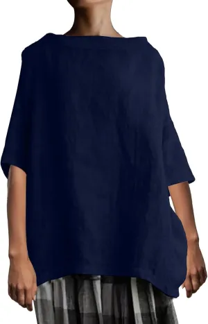 Women's Cotton and Linen Shirts Half Sleeve Cotton Blouses Casual Loose Round Collar Solid Boxy Tunics Top