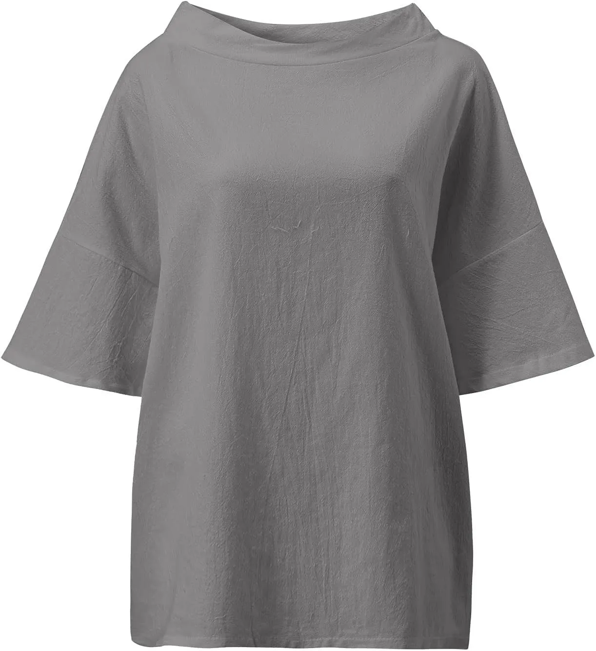 Women's Cotton and Linen Shirts Half Sleeve Cotton Blouses Casual Loose Round Collar Solid Boxy Tunics Top