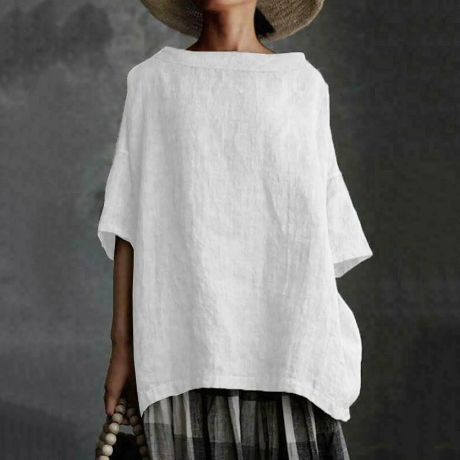 Women's Cotton and Linen Shirts Half Sleeve Cotton Blouses Casual Loose Round Collar Solid Boxy Tunics Top