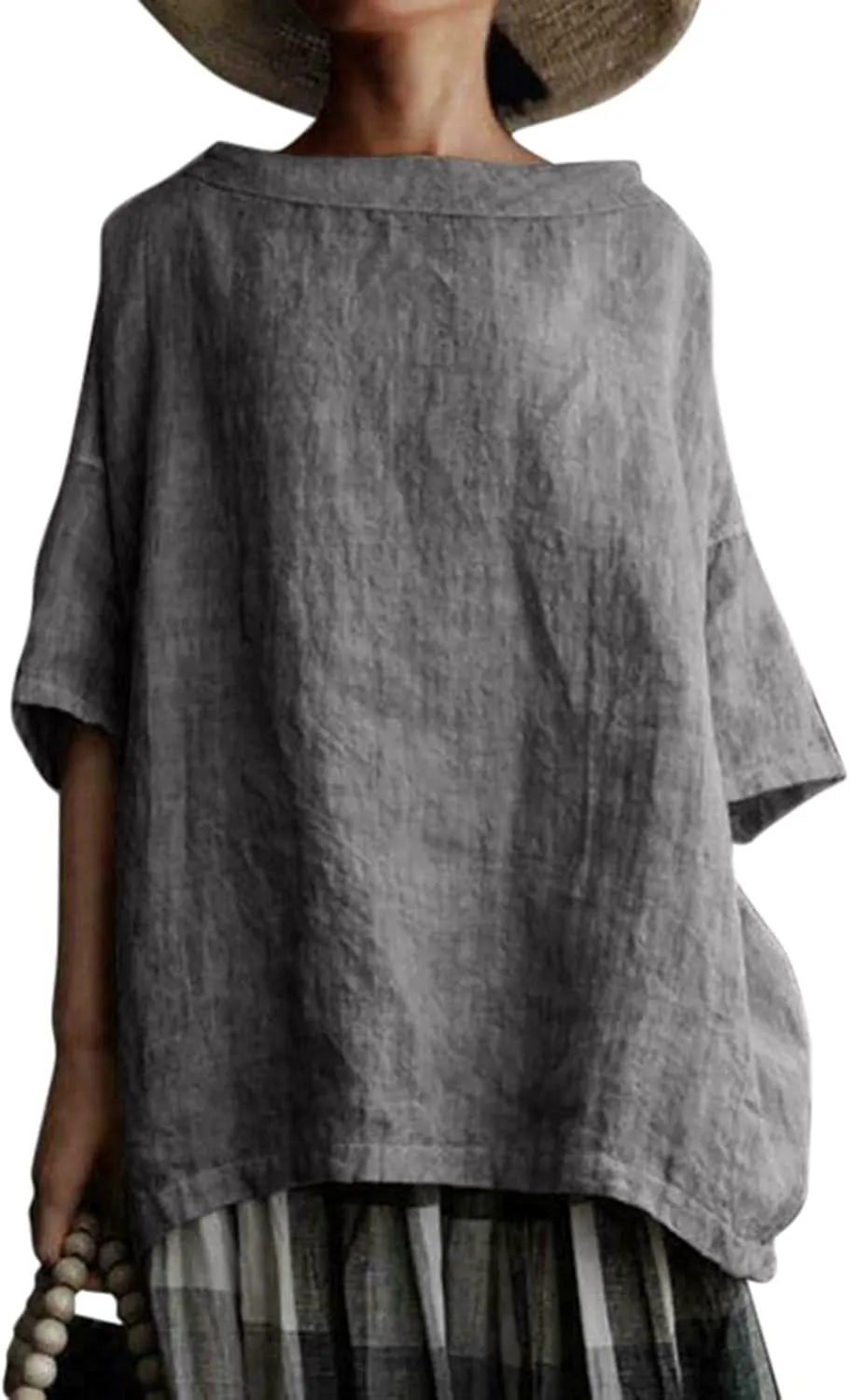 Women's Cotton and Linen Shirts Half Sleeve Cotton Blouses Casual Loose Round Collar Solid Boxy Tunics Top