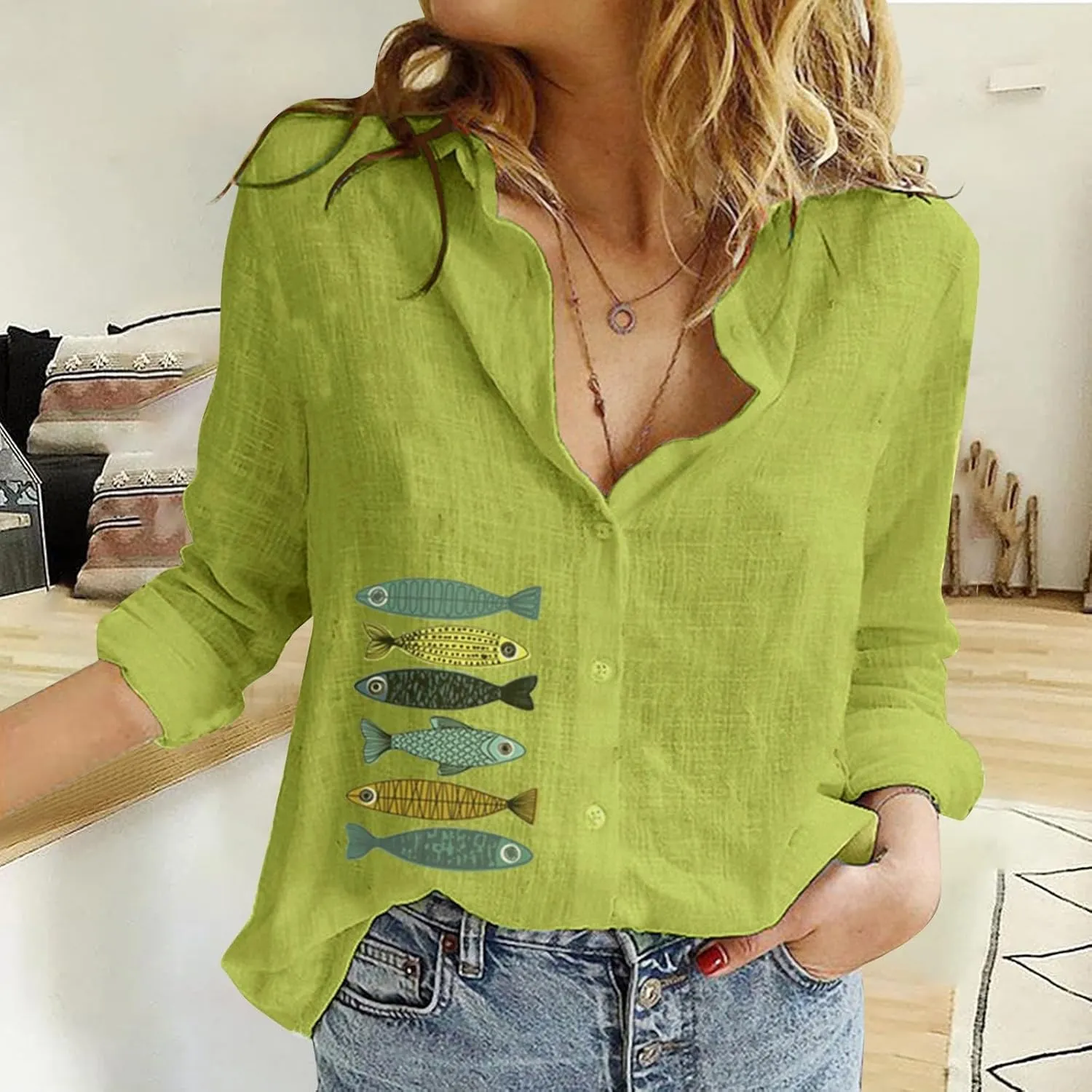Womens Cotton Linen 3/4 Sleeve Length Y2K Tops Cute Graphic Tee Solid Color Button Down Shirts Oversized Tshirts for Women