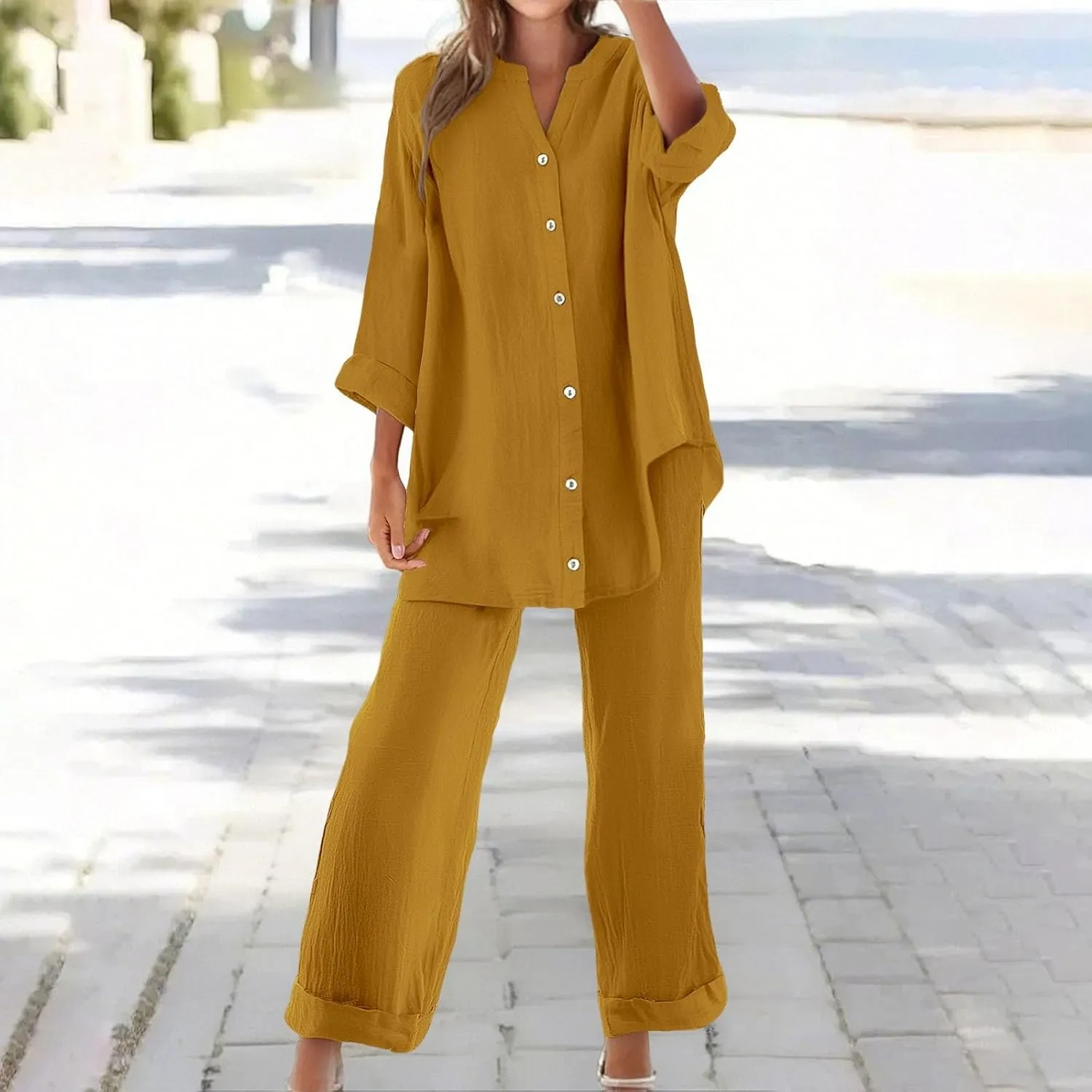 Womens Cotton Linen Sets 2 Piece Tracksuit Button Down 3/4 Sleeve Shirt Wide Leg Pants Set Summer Beach Outfits