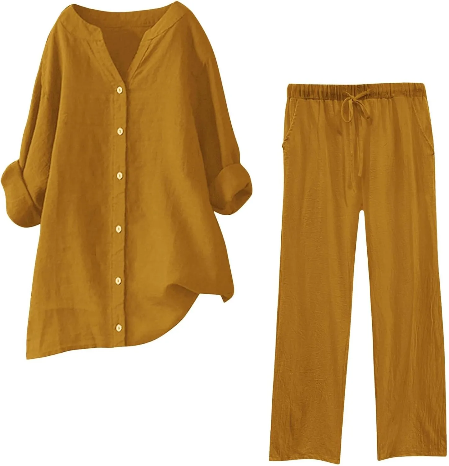 Womens Cotton Linen Sets 2 Piece Tracksuit Button Down 3/4 Sleeve Shirt Wide Leg Pants Set Summer Beach Outfits