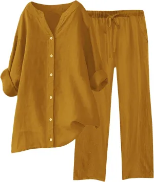 Womens Cotton Linen Sets 2 Piece Tracksuit Button Down 3/4 Sleeve Shirt Wide Leg Pants Set Summer Beach Outfits