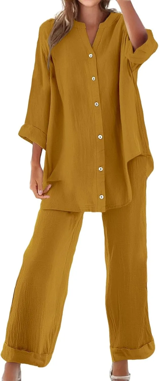 Womens Cotton Linen Sets 2 Piece Tracksuit Button Down 3/4 Sleeve Shirt Wide Leg Pants Set Summer Beach Outfits