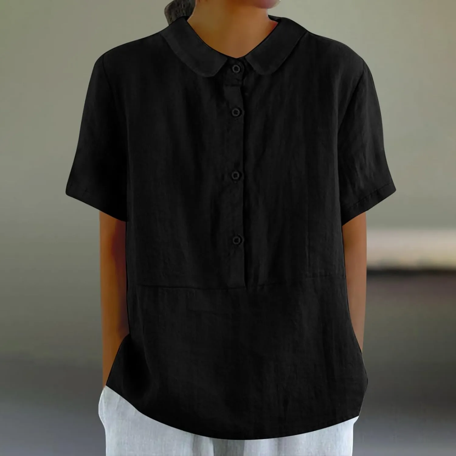 Womens Cotton Linen Short Button Down Linen Shirt Short Sleeve Cotton Blouse Summer Casual Loose Fit Beach Tops