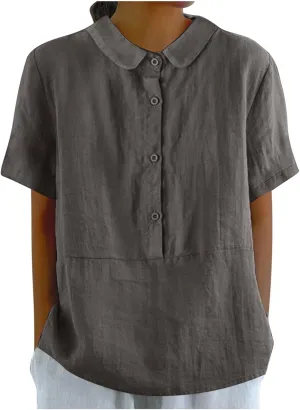 Womens Cotton Linen Short Button Down Linen Shirt Short Sleeve Cotton Blouse Summer Casual Loose Fit Beach Tops