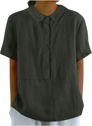 Womens Cotton Linen Short Button Down Linen Shirt Short Sleeve Cotton Blouse Summer Casual Loose Fit Beach Tops