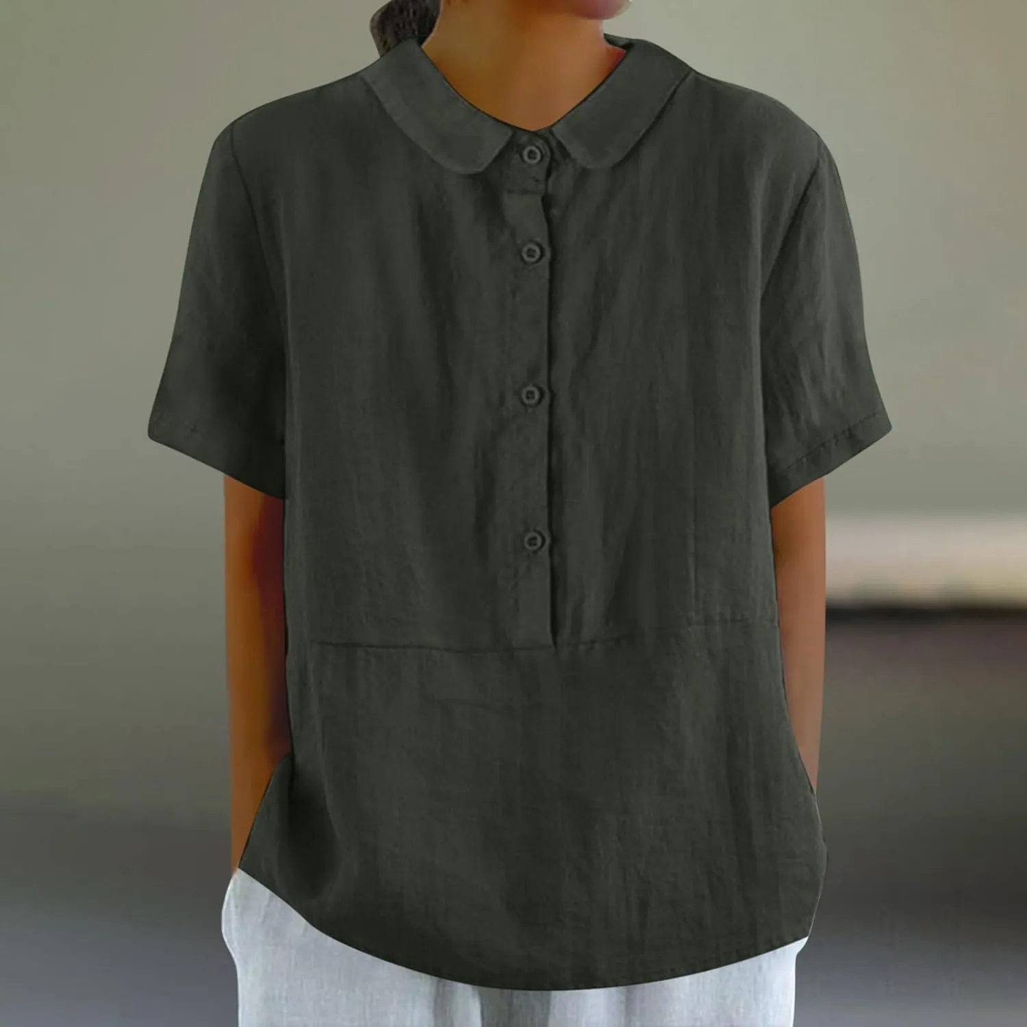 Womens Cotton Linen Short Button Down Linen Shirt Short Sleeve Cotton Blouse Summer Casual Loose Fit Beach Tops