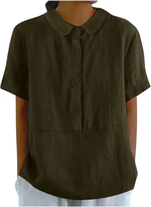 Womens Cotton Linen Short Button Down Linen Shirt Short Sleeve Cotton Blouse Summer Casual Loose Fit Beach Tops