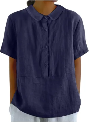 Womens Cotton Linen Short Button Down Linen Shirt Short Sleeve Cotton Blouse Summer Casual Loose Fit Beach Tops