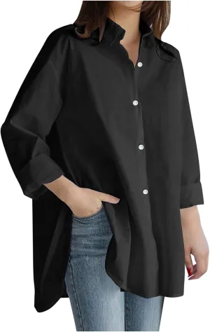Womens Cotton Tops Solid Color Sleeve Collar Casual Women's Shirt Women's Shirt Workout Button Down Plus Size Cotton