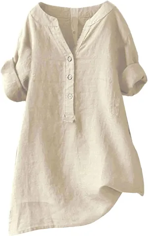 Womens Cotton Tops Solid Color Sleeve Collar Casual Women's Shirt Women's Shirt Workout Button Down Plus Size Cotton