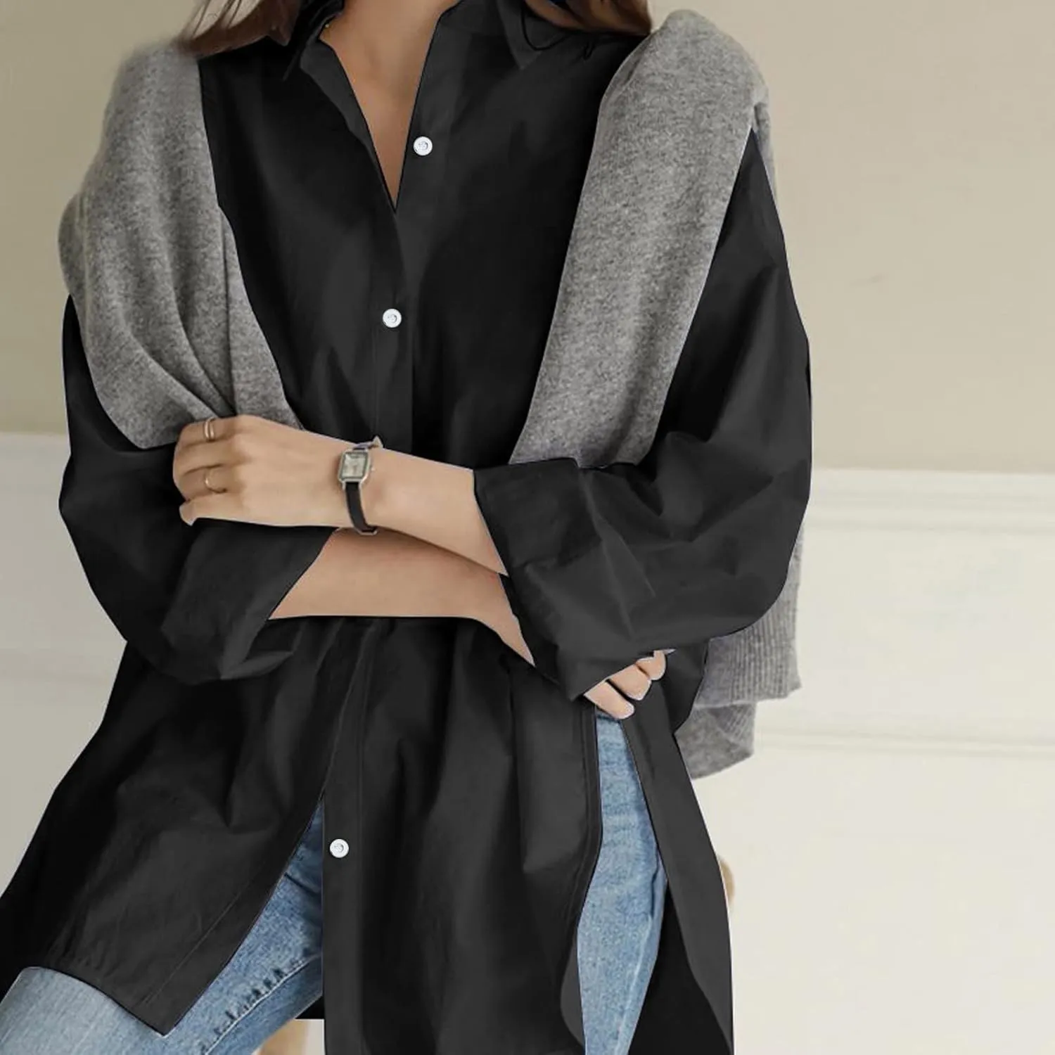 Womens Cotton Tops Solid Color Sleeve Collar Casual Women's Shirt Women's Shirt Workout Button Down Plus Size Cotton