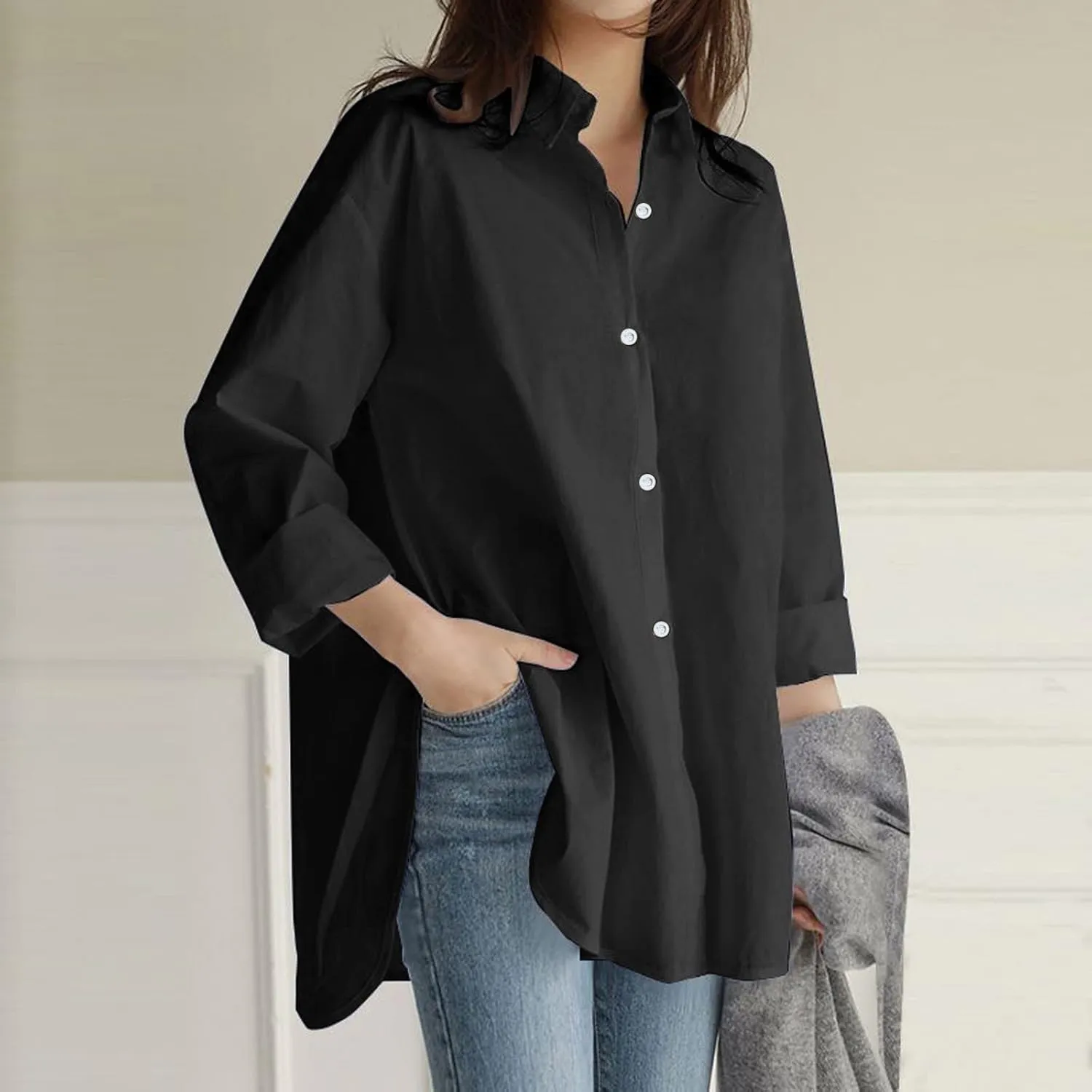 Womens Cotton Tops Solid Color Sleeve Collar Casual Women's Shirt Women's Shirt Workout Button Down Plus Size Cotton