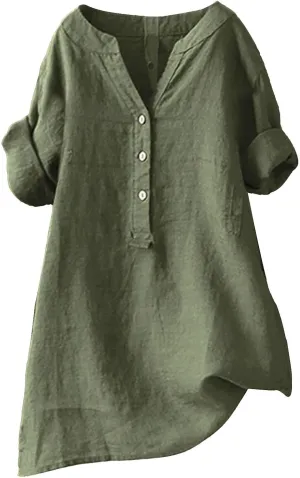 Womens Cotton Tops Solid Color Sleeve Collar Casual Women's Shirt Women's Shirt Workout Button Down Plus Size Cotton