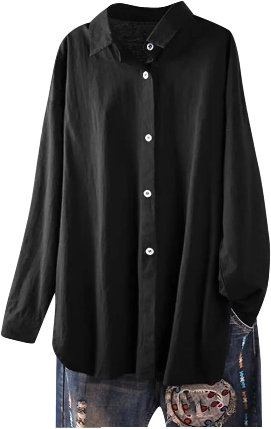 Womens Cotton Tops Solid Color Sleeve Collar Casual Women's Shirt Women's Shirt Workout Button Down Plus Size Cotton