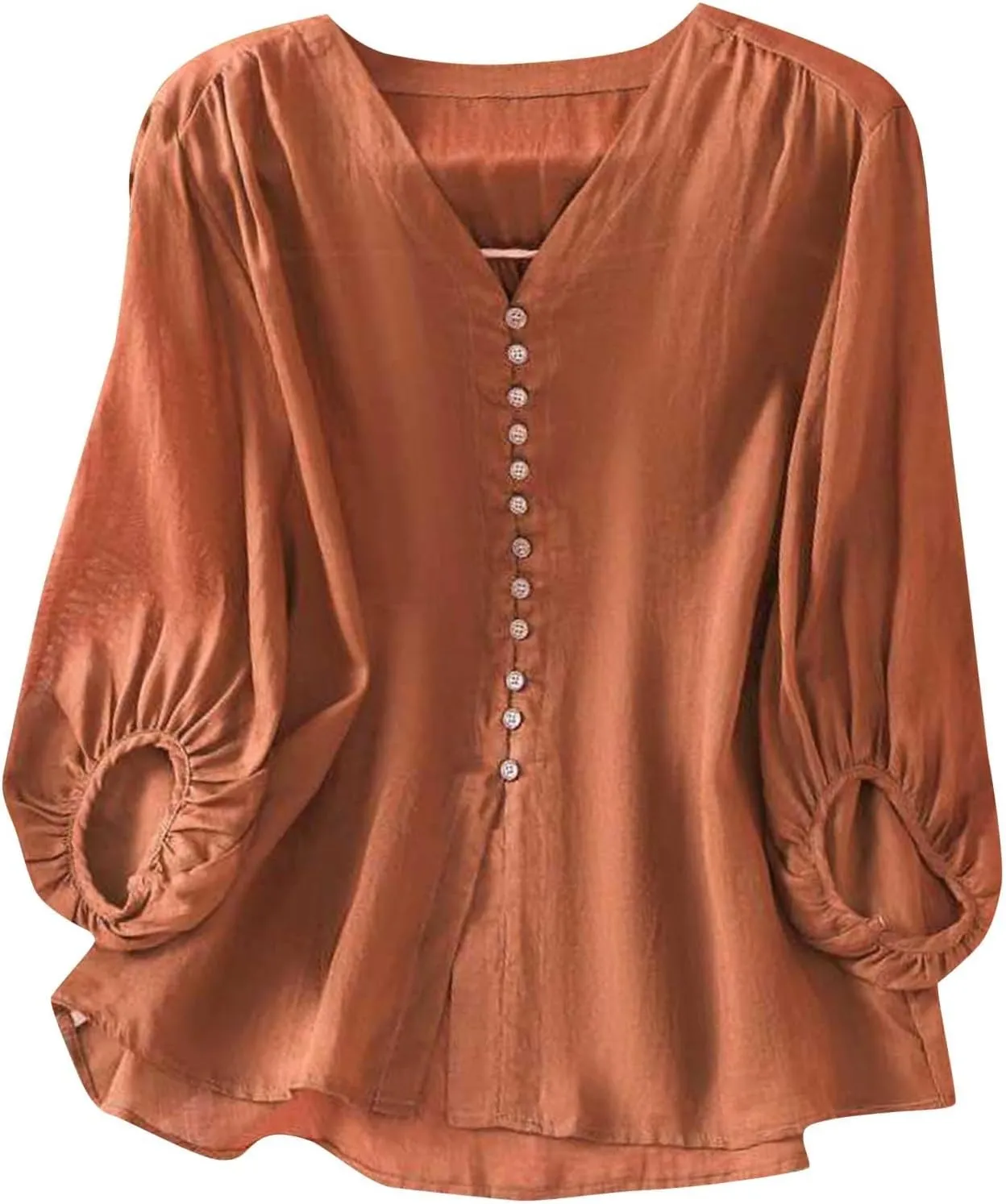 Womens Cute Cotton Linen Shirts Summer Cotton 3/4 Sleeve Tops Button Down V Neck Short Tees Casual Vacation Blouse