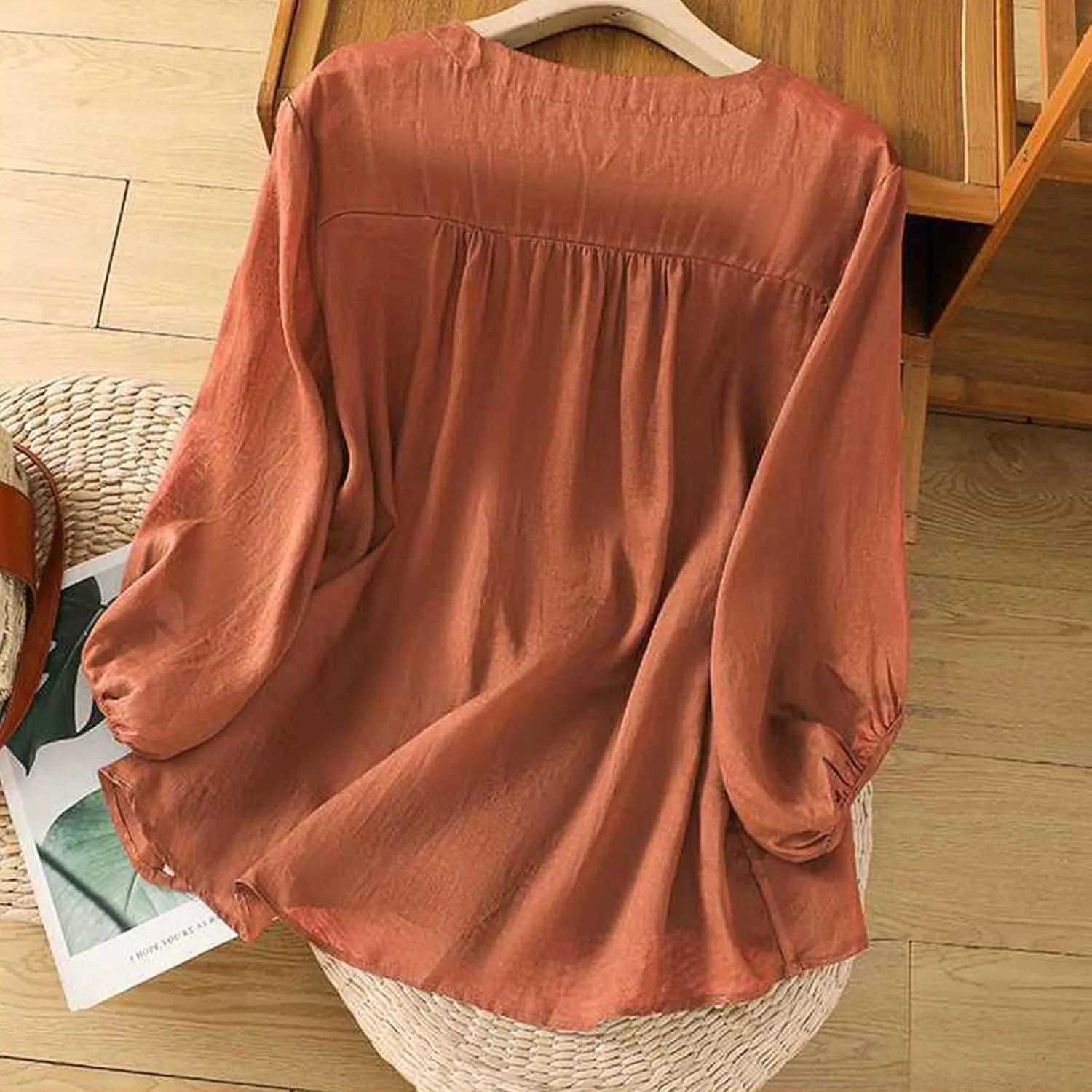 Womens Cute Cotton Linen Shirts Summer Cotton 3/4 Sleeve Tops Button Down V Neck Short Tees Casual Vacation Blouse