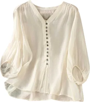 Womens Cute Cotton Linen Shirts Summer Cotton 3/4 Sleeve Tops Button Down V Neck Short Tees Casual Vacation Blouse