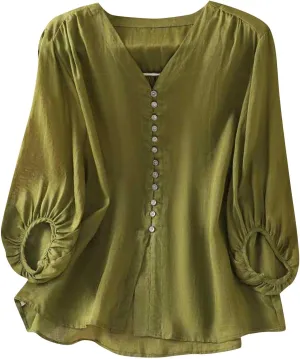 Womens Cute Cotton Linen Shirts Summer Cotton 3/4 Sleeve Tops Button Down V Neck Short Tees Casual Vacation Blouse