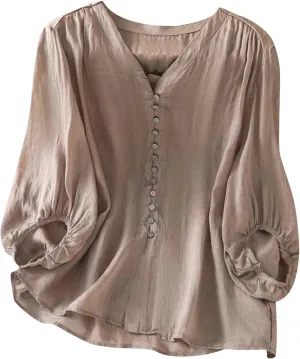 Womens Cute Cotton Linen Shirts Summer Cotton 3/4 Sleeve Tops Button Down V Neck Short Tees Casual Vacation Blouse