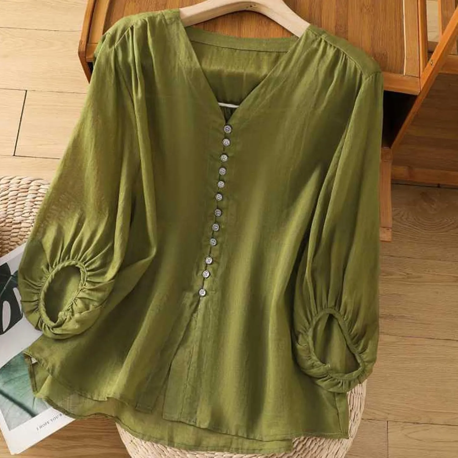 Womens Cute Cotton Linen Shirts Summer Cotton 3/4 Sleeve Tops Button Down V Neck Short Tees Casual Vacation Blouse