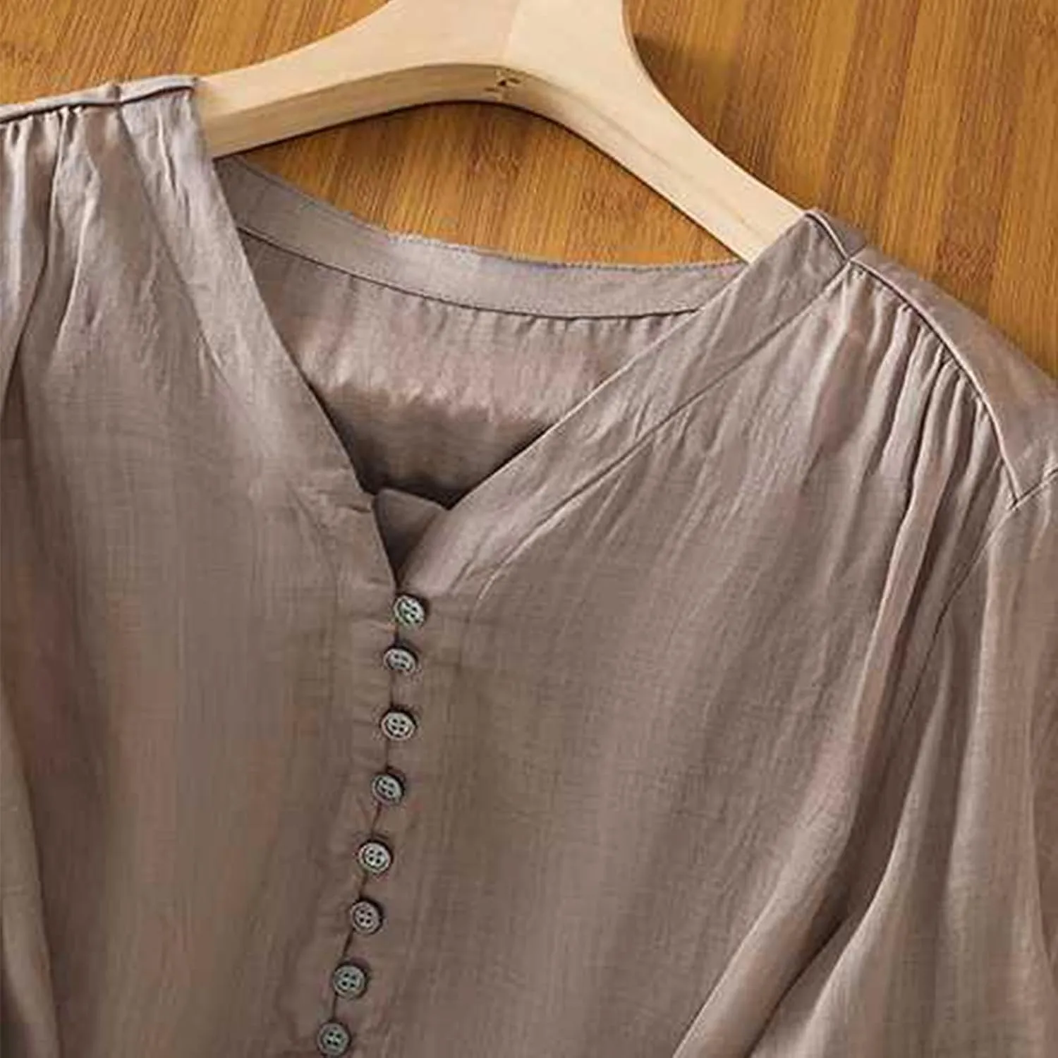 Womens Cute Cotton Linen Shirts Summer Cotton 3/4 Sleeve Tops Button Down V Neck Short Tees Casual Vacation Blouse