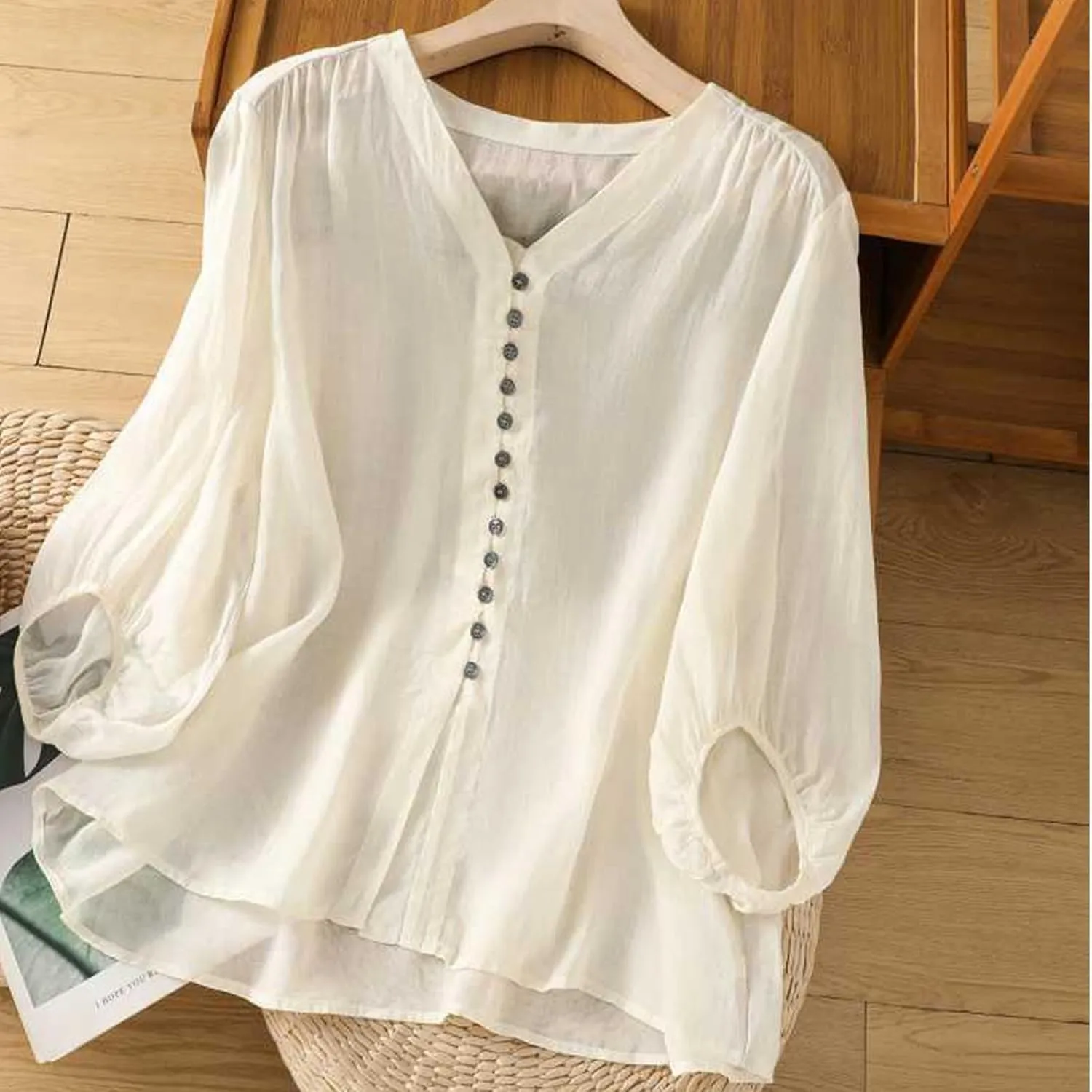 Womens Cute Cotton Linen Shirts Summer Cotton 3/4 Sleeve Tops Button Down V Neck Short Tees Casual Vacation Blouse