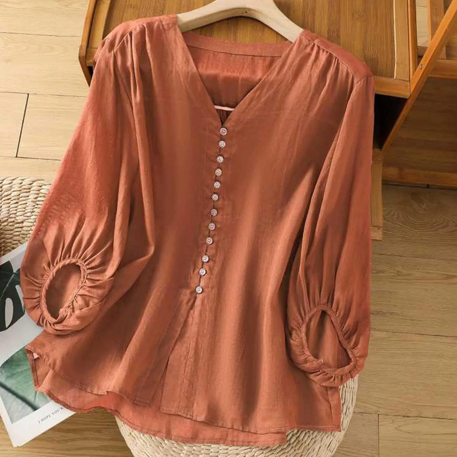 Womens Cute Cotton Linen Shirts Summer Cotton 3/4 Sleeve Tops Button Down V Neck Short Tees Casual Vacation Blouse