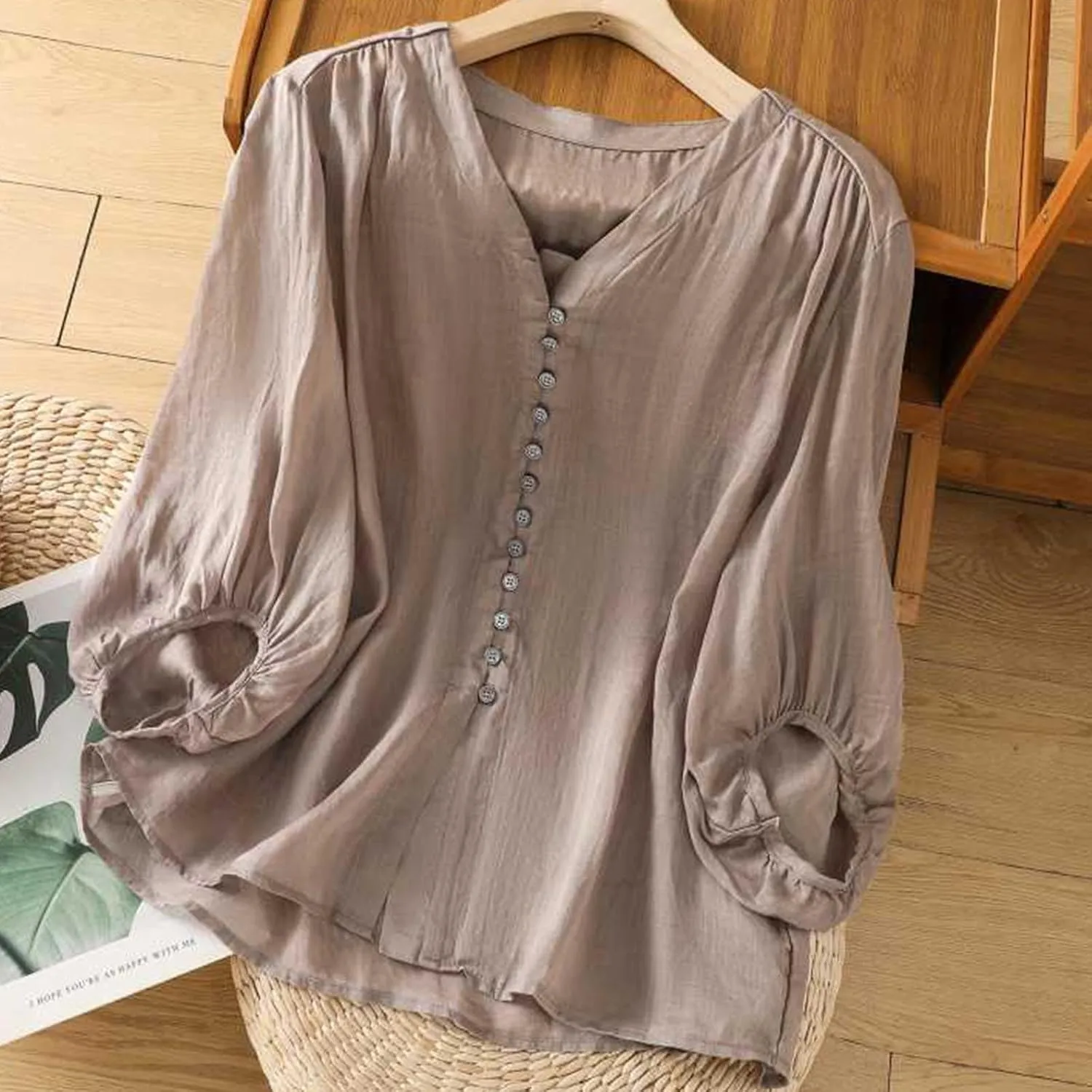 Womens Cute Cotton Linen Shirts Summer Cotton 3/4 Sleeve Tops Button Down V Neck Short Tees Casual Vacation Blouse