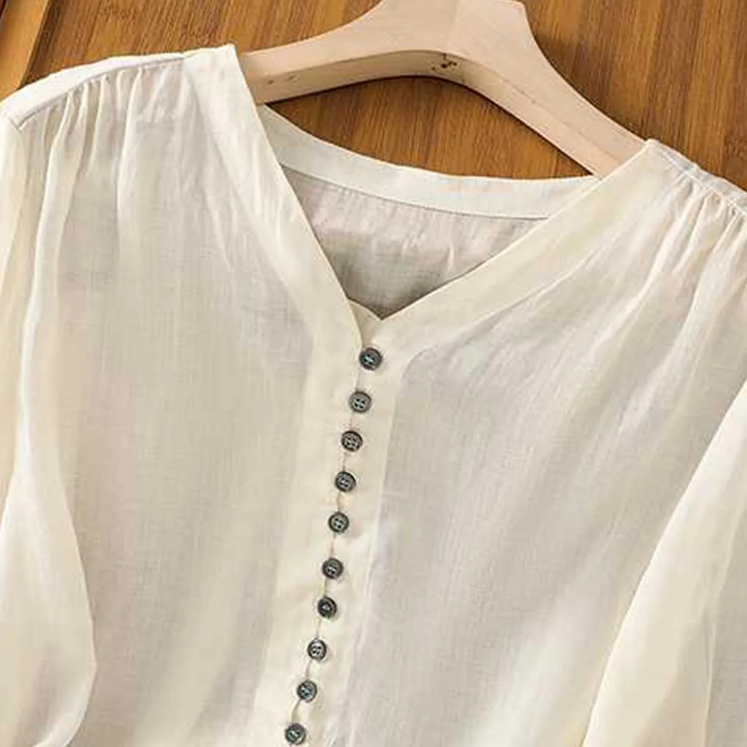 Womens Cute Cotton Linen Shirts Summer Cotton 3/4 Sleeve Tops Button Down V Neck Short Tees Casual Vacation Blouse
