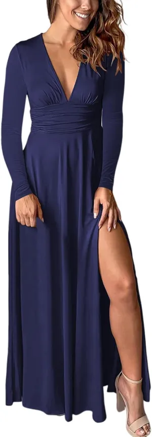 Women's Deep V Neck Long Sleeve Maxi Dresses Tunic Pleated High Waist Slit Club Party Evening Wedding Guest Dress