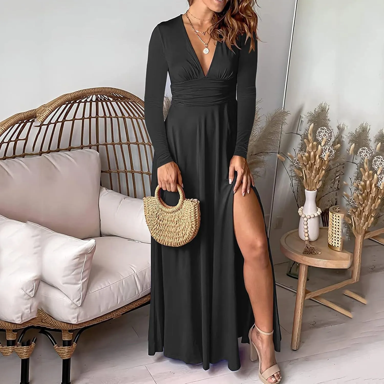 Women's Deep V Neck Long Sleeve Maxi Dresses Tunic Pleated High Waist Slit Club Party Evening Wedding Guest Dress