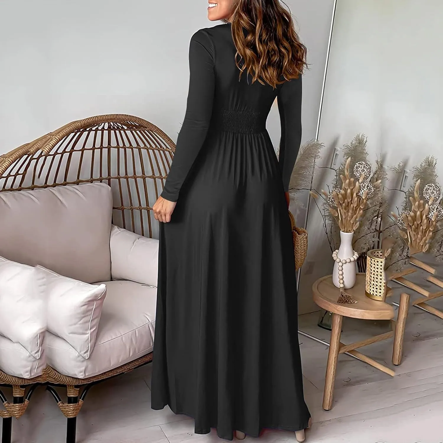 Women's Deep V Neck Long Sleeve Maxi Dresses Tunic Pleated High Waist Slit Club Party Evening Wedding Guest Dress
