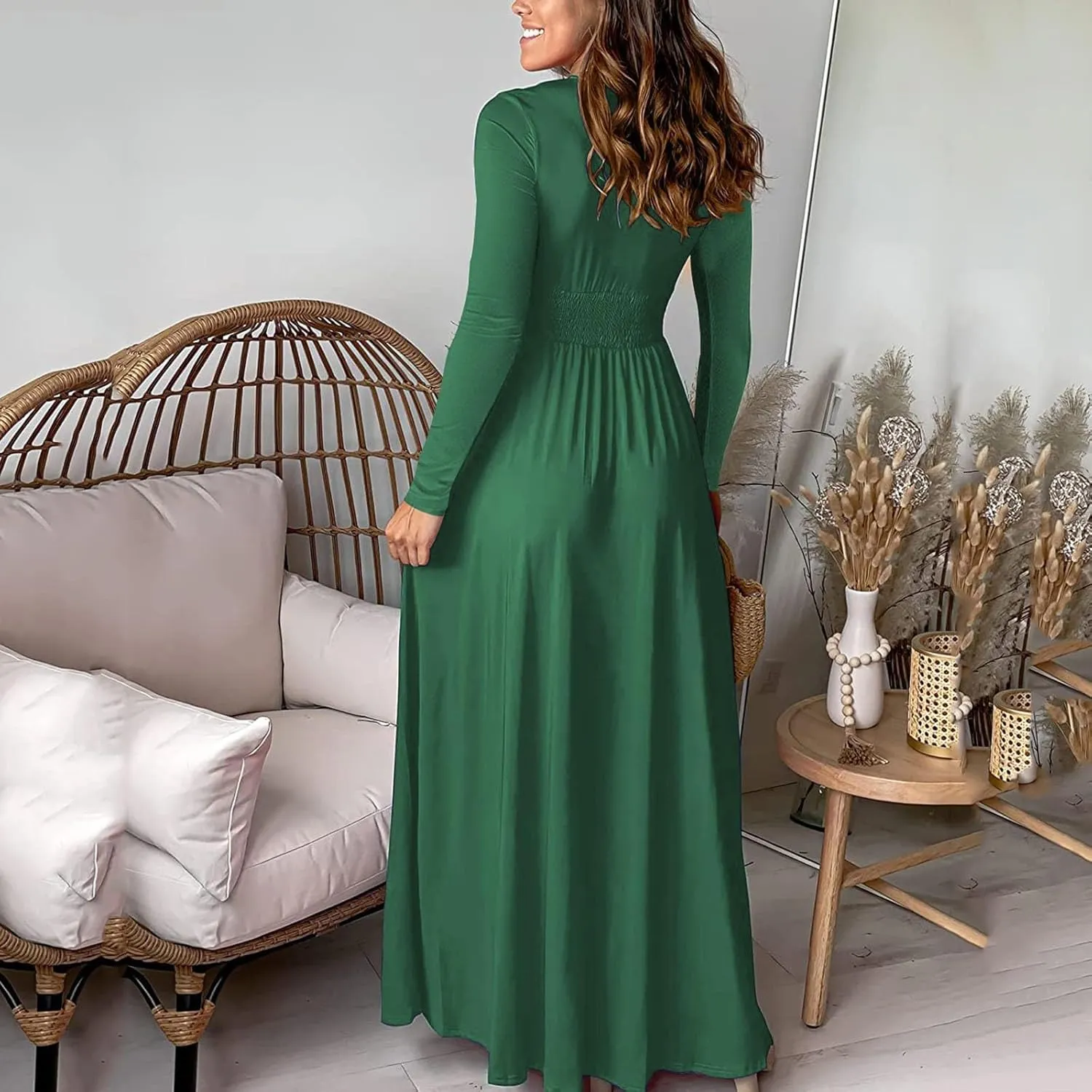 Women's Deep V Neck Long Sleeve Maxi Dresses Tunic Pleated High Waist Slit Club Party Evening Wedding Guest Dress