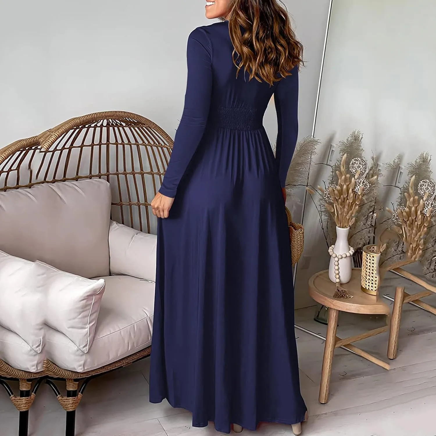 Women's Deep V Neck Long Sleeve Maxi Dresses Tunic Pleated High Waist Slit Club Party Evening Wedding Guest Dress