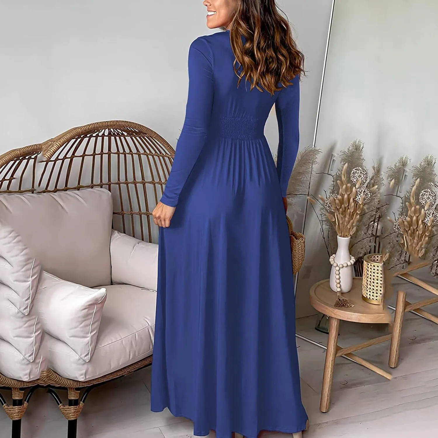 Women's Deep V Neck Long Sleeve Maxi Dresses Tunic Pleated High Waist Slit Club Party Evening Wedding Guest Dress