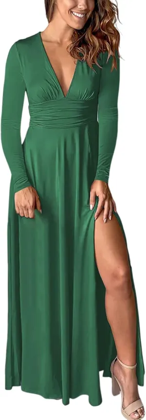Women's Deep V Neck Long Sleeve Maxi Dresses Tunic Pleated High Waist Slit Club Party Evening Wedding Guest Dress