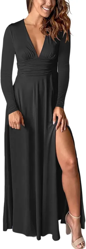 Women's Deep V Neck Long Sleeve Maxi Dresses Tunic Pleated High Waist Slit Club Party Evening Wedding Guest Dress