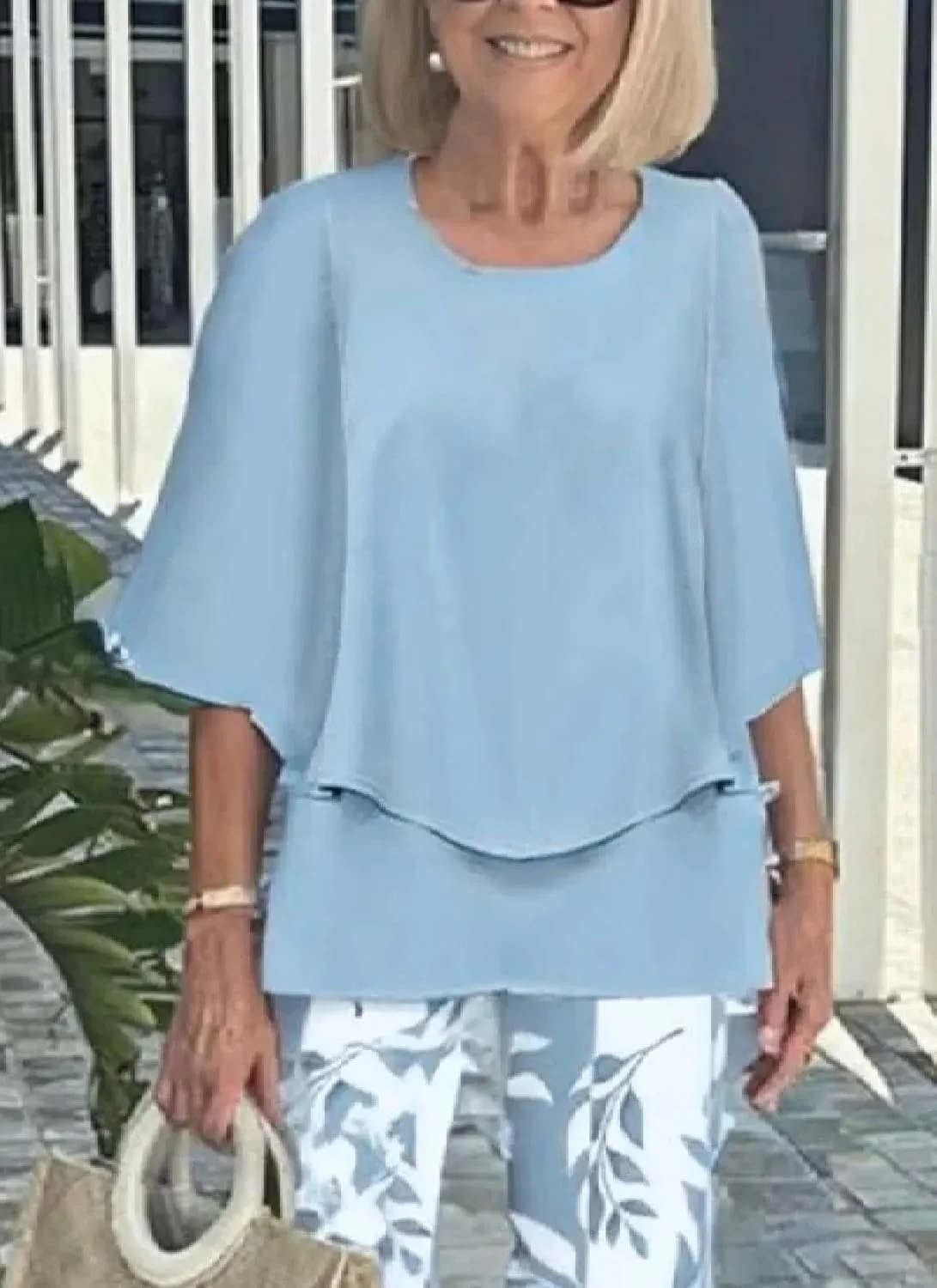 Women's Elegant Flowy Loose Two Piece Suit Spring Lightweight Layered Top and Floral Pants Beach Vacation Two Piece Suit