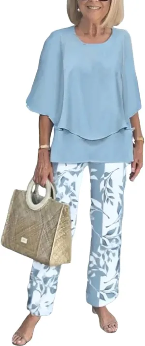 Women's Elegant Flowy Loose Two Piece Suit Spring Lightweight Layered Top and Floral Pants Beach Vacation Two Piece Suit
