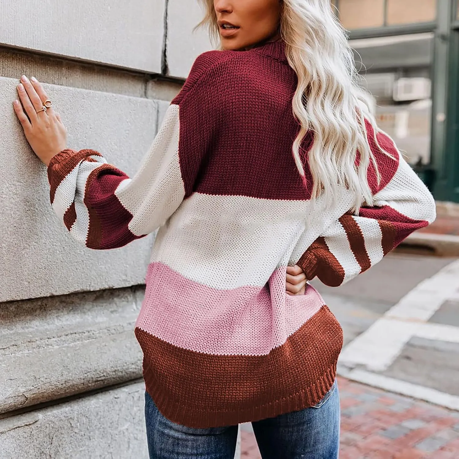 Womens Fall Long Sleeve Striped Color Block Chunky Sweater Plus Size Fall Fashion Lantern Sleeve Blouse Tops