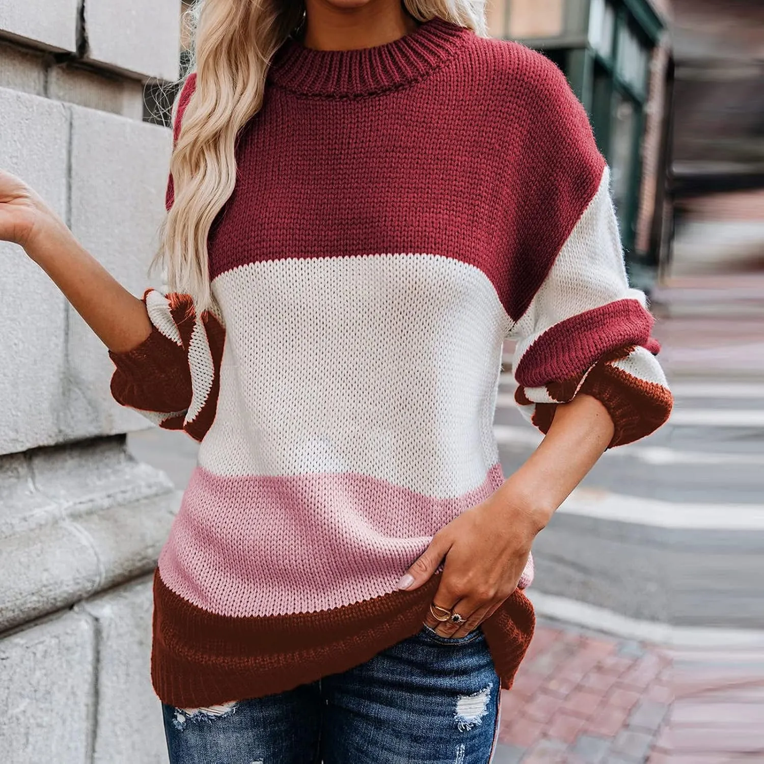 Womens Fall Long Sleeve Striped Color Block Chunky Sweater Plus Size Fall Fashion Lantern Sleeve Blouse Tops
