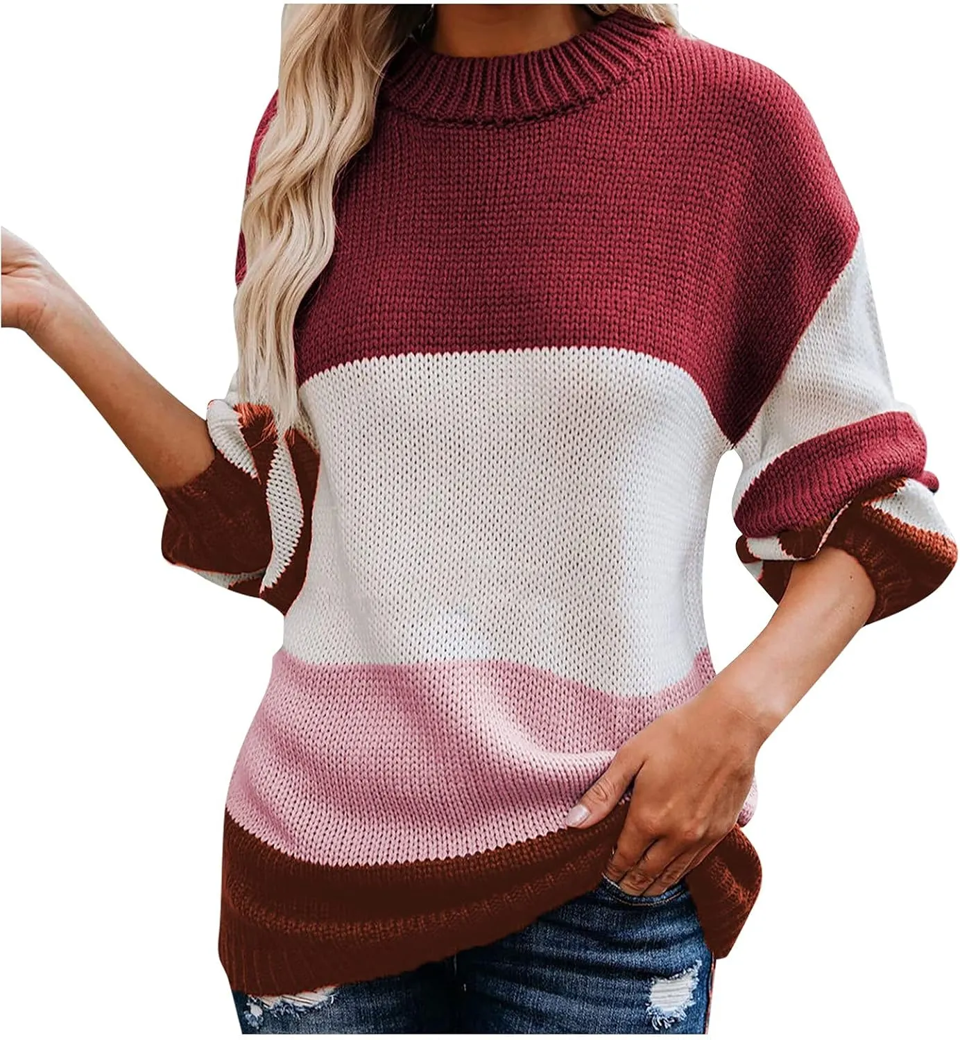 Womens Fall Long Sleeve Striped Color Block Chunky Sweater Plus Size Fall Fashion Lantern Sleeve Blouse Tops